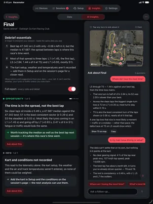 iPad: an AI debrief beside its questions and the track map