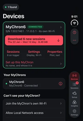 iPhone Duo, closed: the Devices page offering six new sessions, with the status bar and the tab rail in the side strip down its right edge