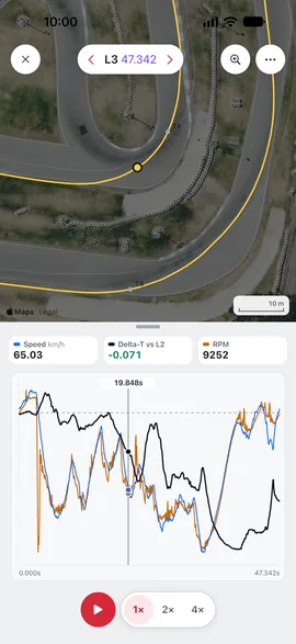 iPhone: one lap's speed, Delta‑T and RPM beside the track map
