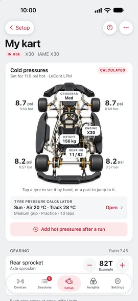 A kart's page in the Setup tab, headed by its photo, with its cold pressures