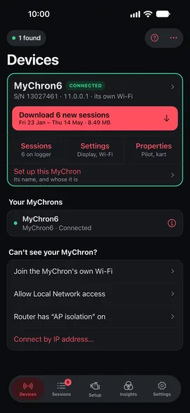 The app's Devices page: a MyChron connected over its own Wi‑Fi, offering its new sessions to download